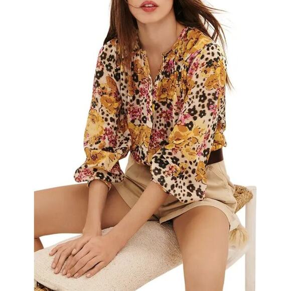 NWT BA&SH Doddy Poplin Floral Button Front Blouse Ochre Yellow Women's Size XS - Picture 1 of 8